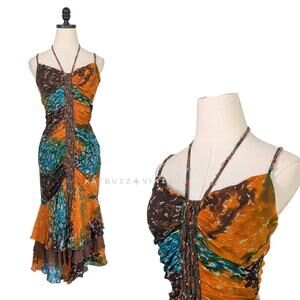Vintage Makali Maxi Dress Silk Gown 10 Multi Fairy Y2K Boho Bead Watercolor Dye